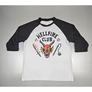 Stranger Things T-Shirt Mens XL.‎ Raglan Hellfire Club Logo Image Qt. Sleeve.